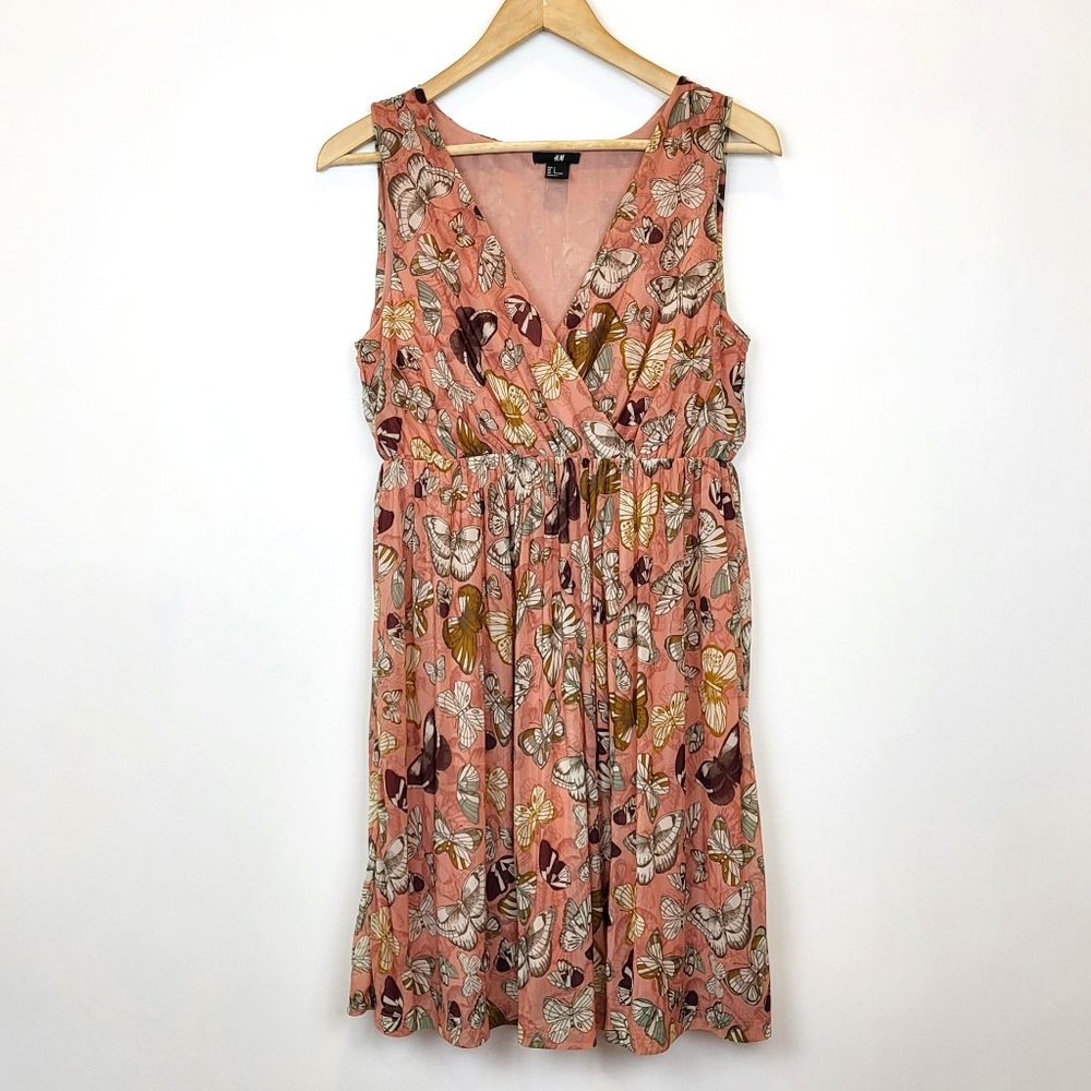 H&M Peach Chiffon Butterfly Print Sleeveless Mini Dress, Size Small, EUC
